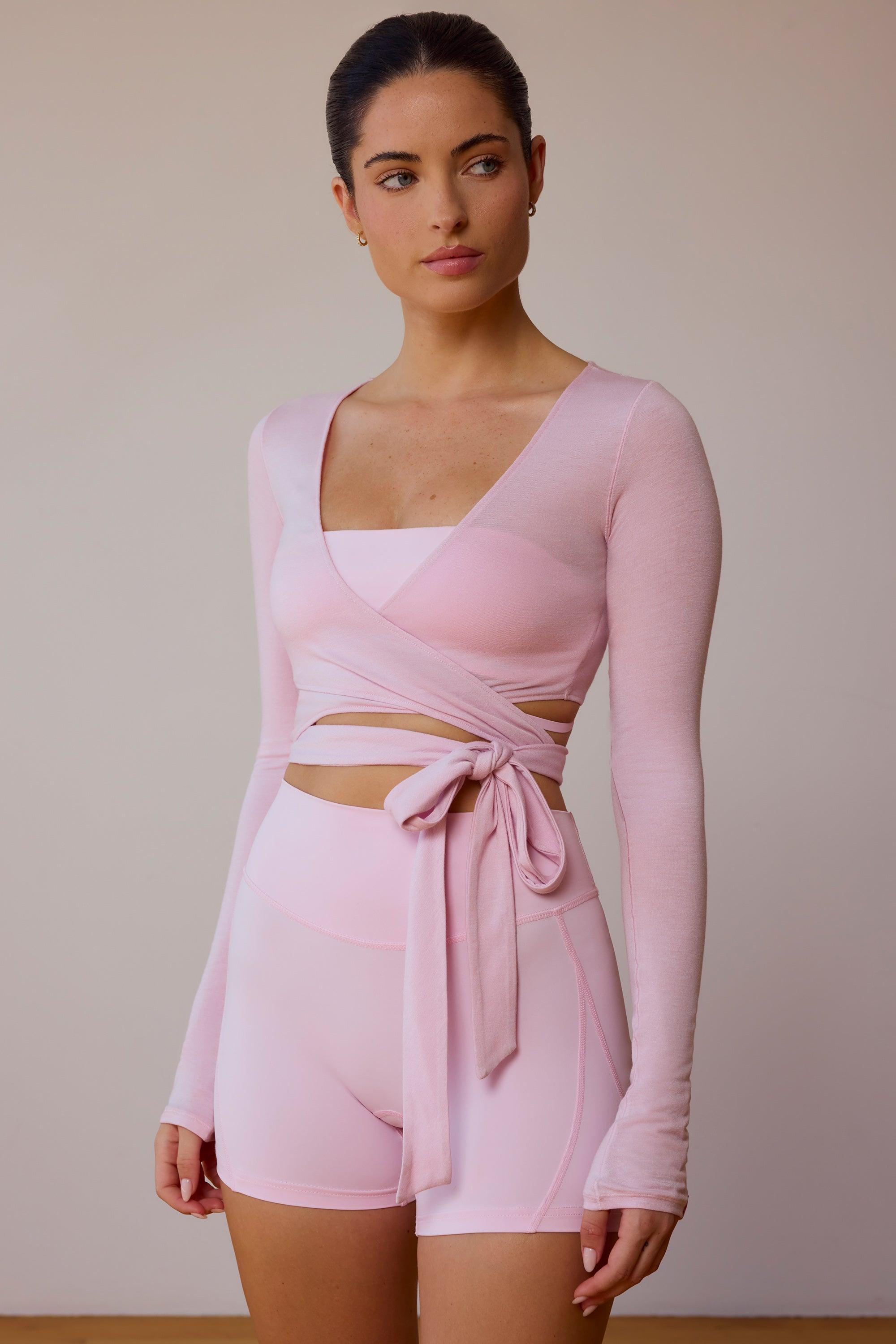 Long-Sleeve Wrap Crop Top in Soft Pink Product Image