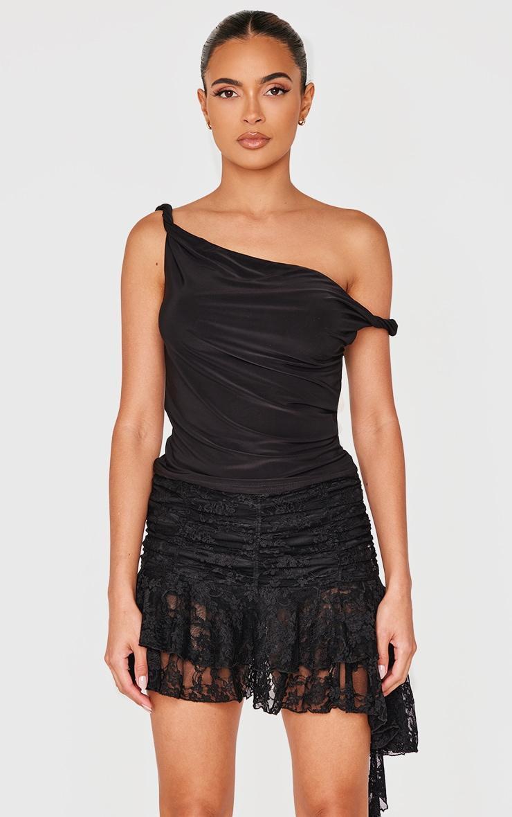 Black Lace Ruched Drape Detail Mini Skirt Product Image