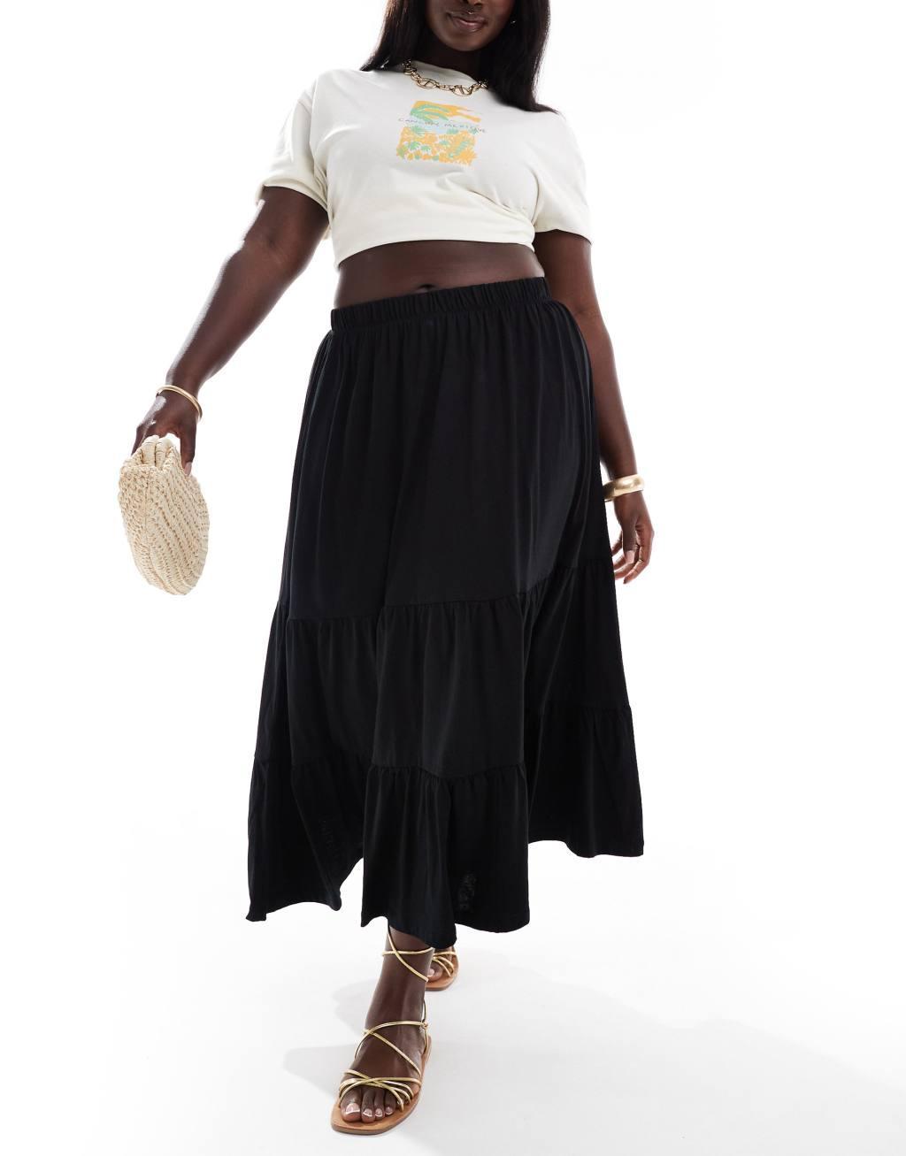 ONLY Curve tiered maxi skirt in black   Product Image