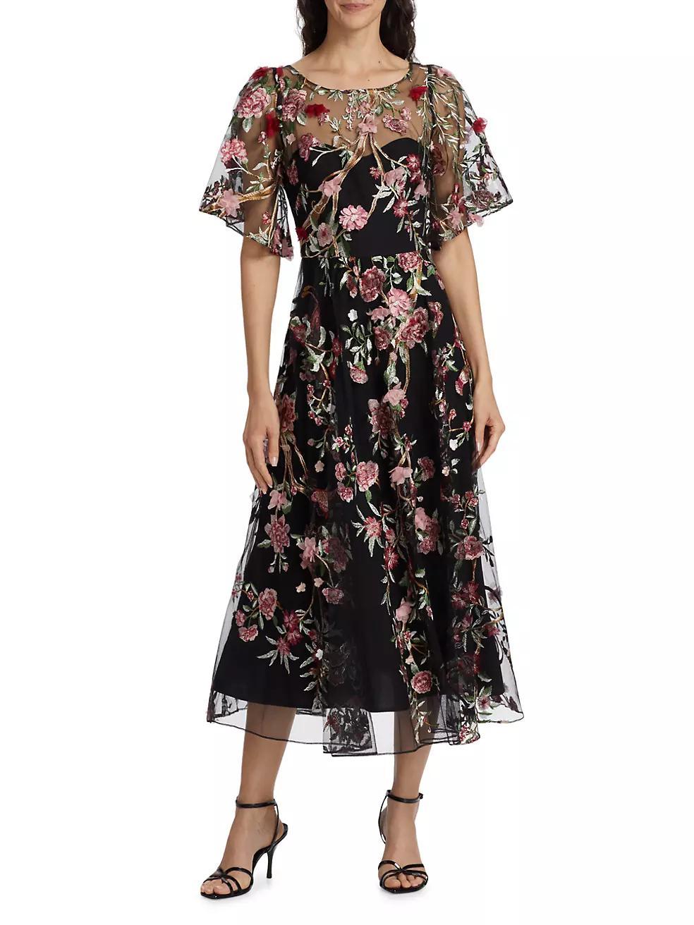 Floral-Embroidered Tulle Cocktail Dress Product Image