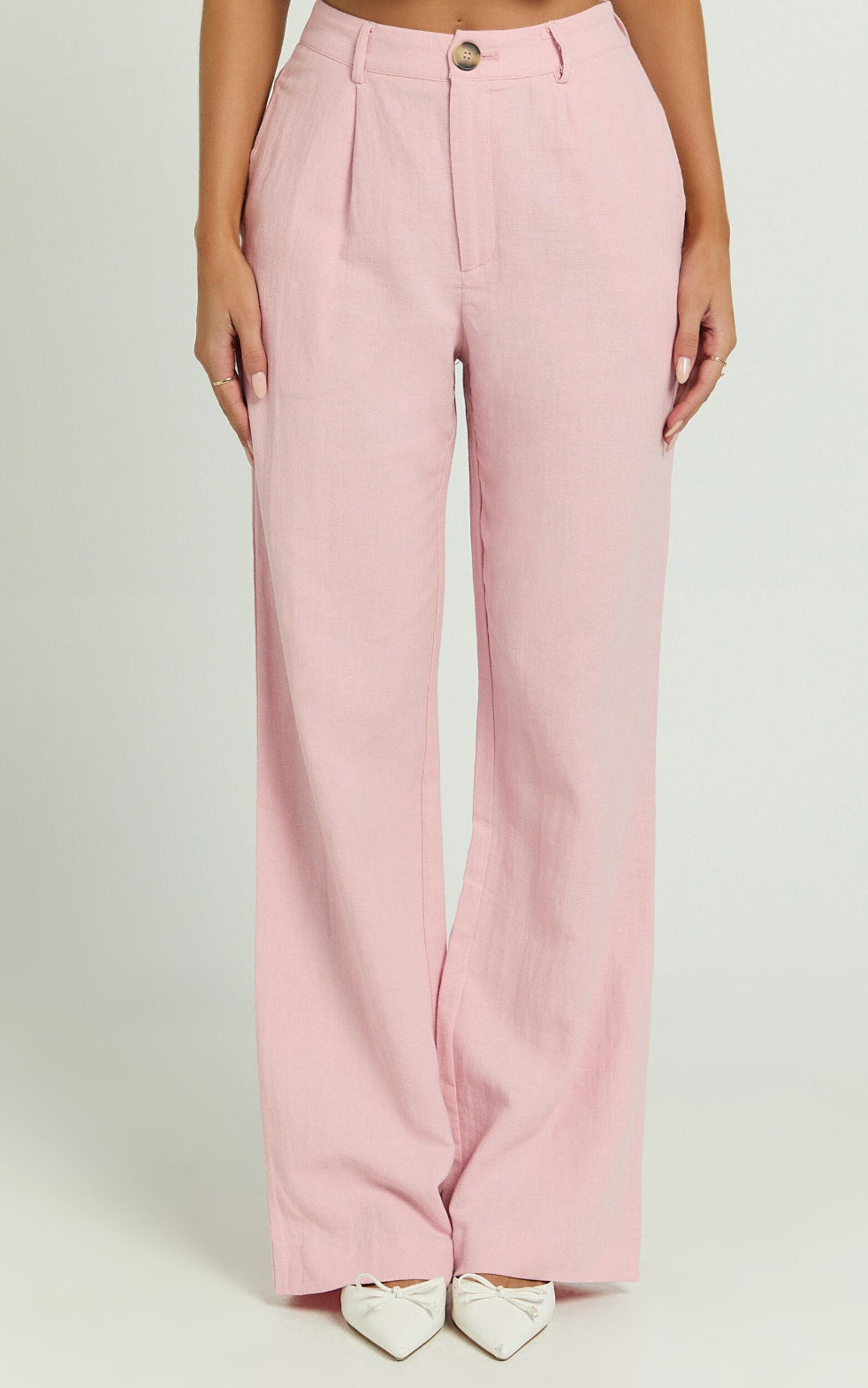 Bree Pants - Linen Look Mid Rise Relaxed Straight Leg Tailored Trousers in Light Pink Product Image