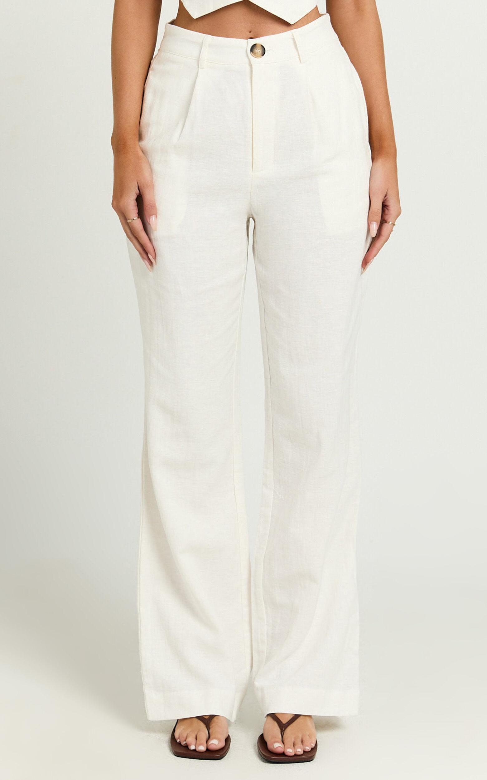 Bree Pants - Linen Look Mid Rise Relaxed Straight Leg Tailored Trousers in White Product Image