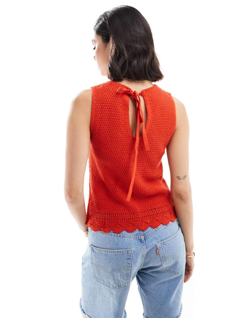 JDY knit tank top with back tie detail in red Product Image