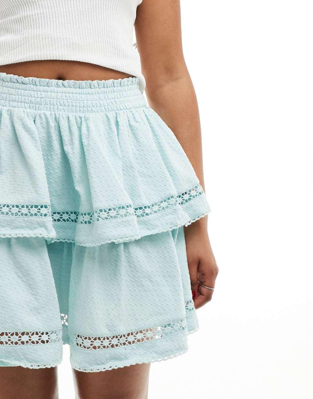 ASOS DESIGN textured cotton shirred waist lace insert rara skirt in blue Product Image