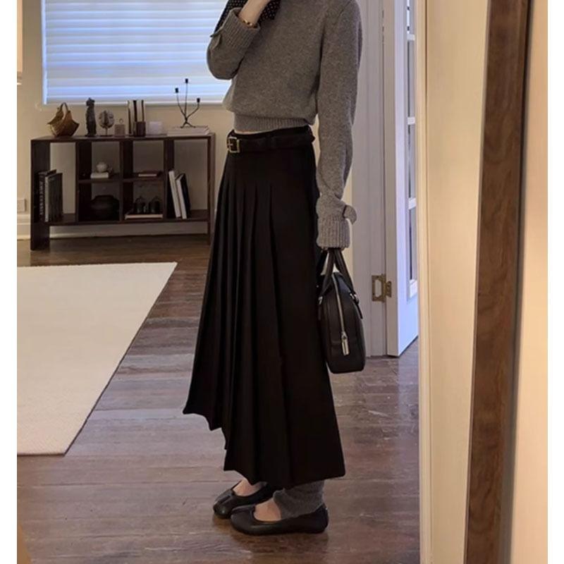 High Rise Plain Pleated Midi A-Line Skirt Product Image