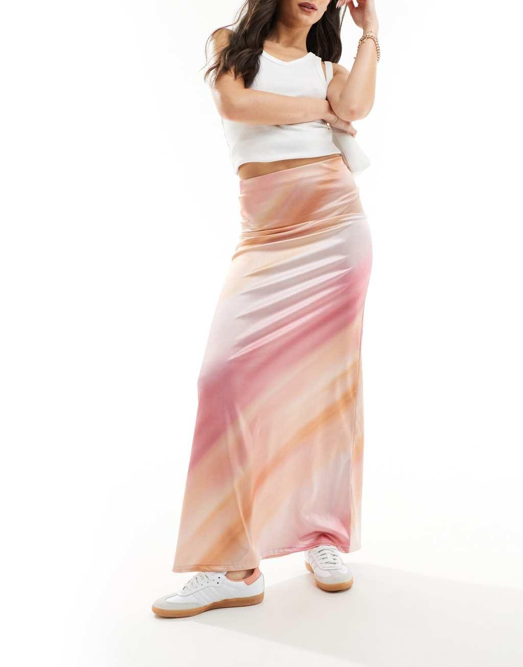 ASOS DESIGN satin twill maxi skirt in pink stripe Product Image