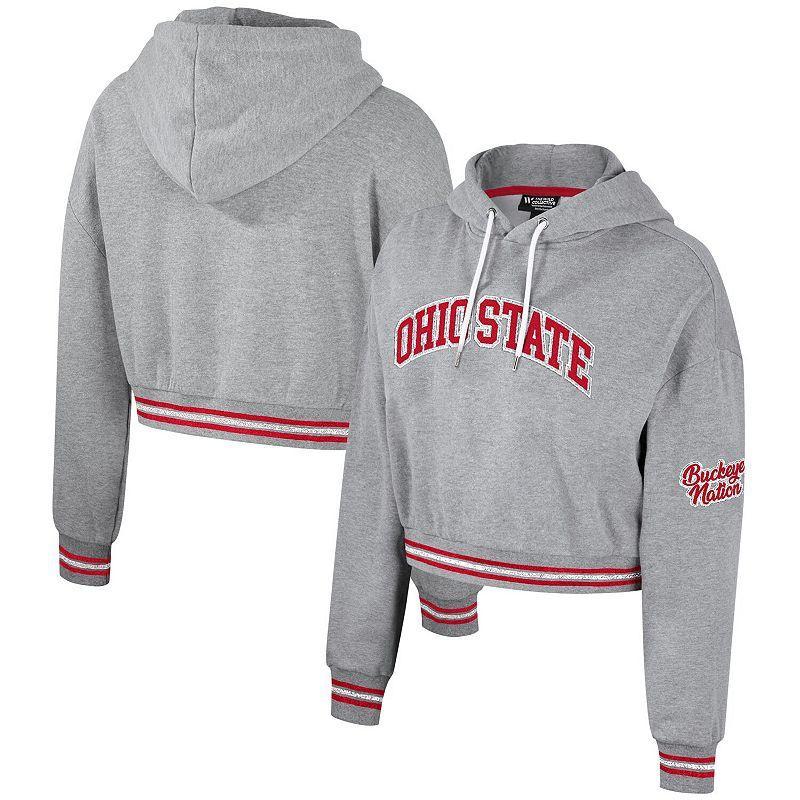 Womens The Wild Collective Heather Gray Distressed Ohio State Buckeyes Cropped Shimmer Pullover Hoodie Product Image