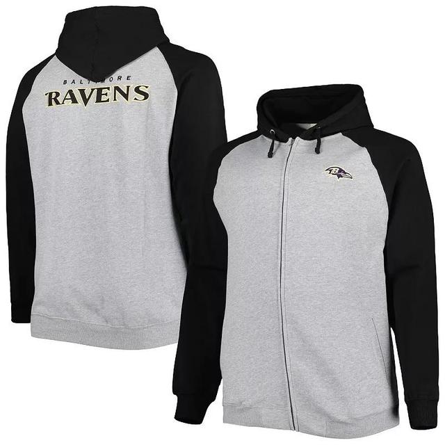 Mens Heather Gray Baltimore Ravens Big and Tall Fleece Raglan Full-Zip Hoodie Jacket Product Image