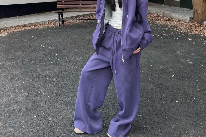 Plain Zip Oversized Hoodie / Drawstring Waist Wide Leg Pants Product Image