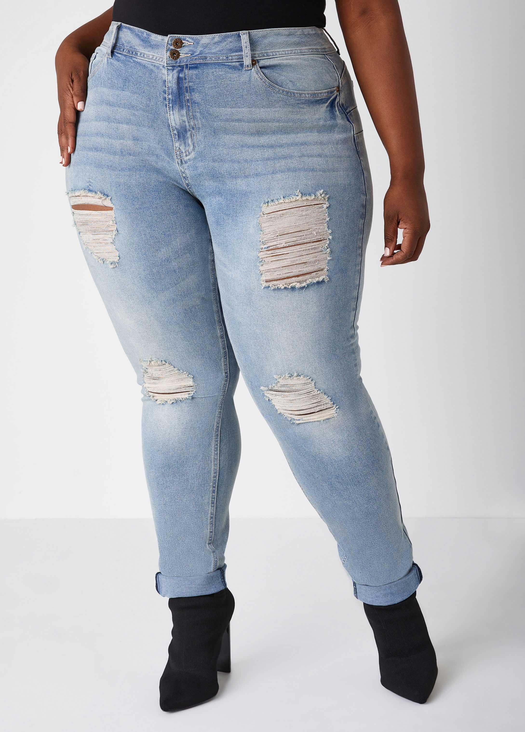 Plus Size Cuffed Distressed Skinny Jeans Ashley Stewart Product Image