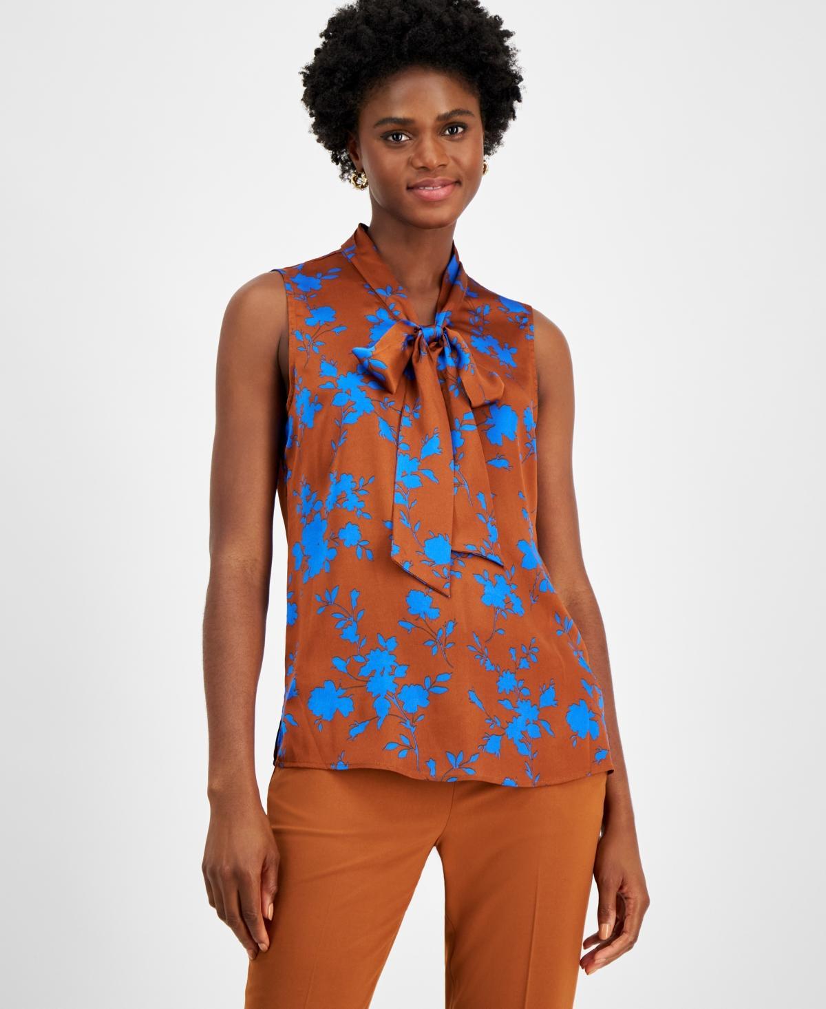 Tahari Asl Womens Floral-Print Bow-Neck Blouse - Cognac Product Image