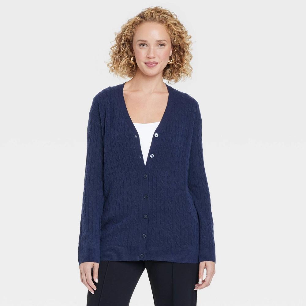 Womens Cable Cardigan - A New Day Navy L Product Image