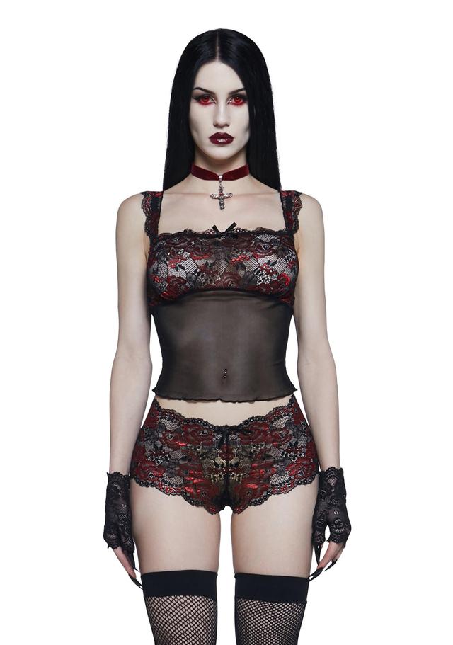 Widow Sheer Floral Lace And Mesh Tank And Panty Set - Black Product Image