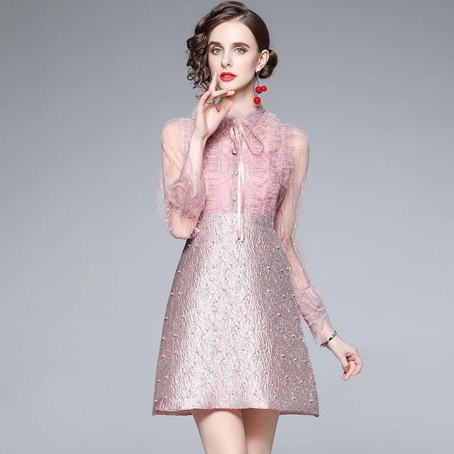 Long-Sleeve Mesh Glitter Panel Mini A-Line Dress Product Image