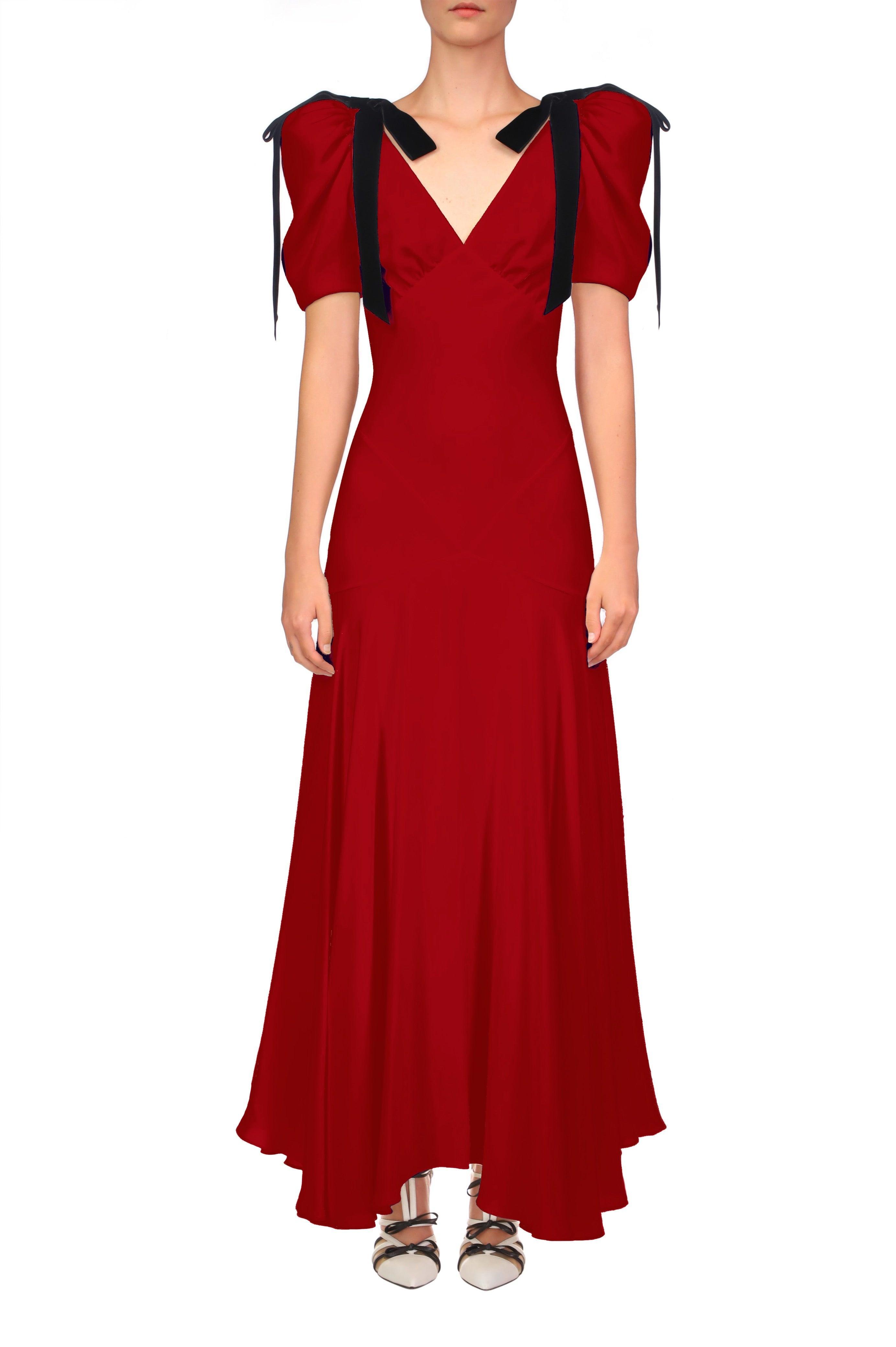 Crimson Silk Crepe Bias Dress With Velvet Ribbon Bow Details Product Image