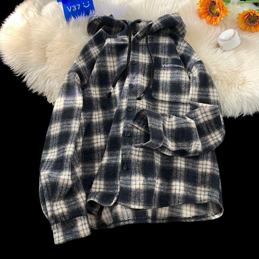 Plaid Drawstring Pocket Detail Hooded Button Jacket Product Image