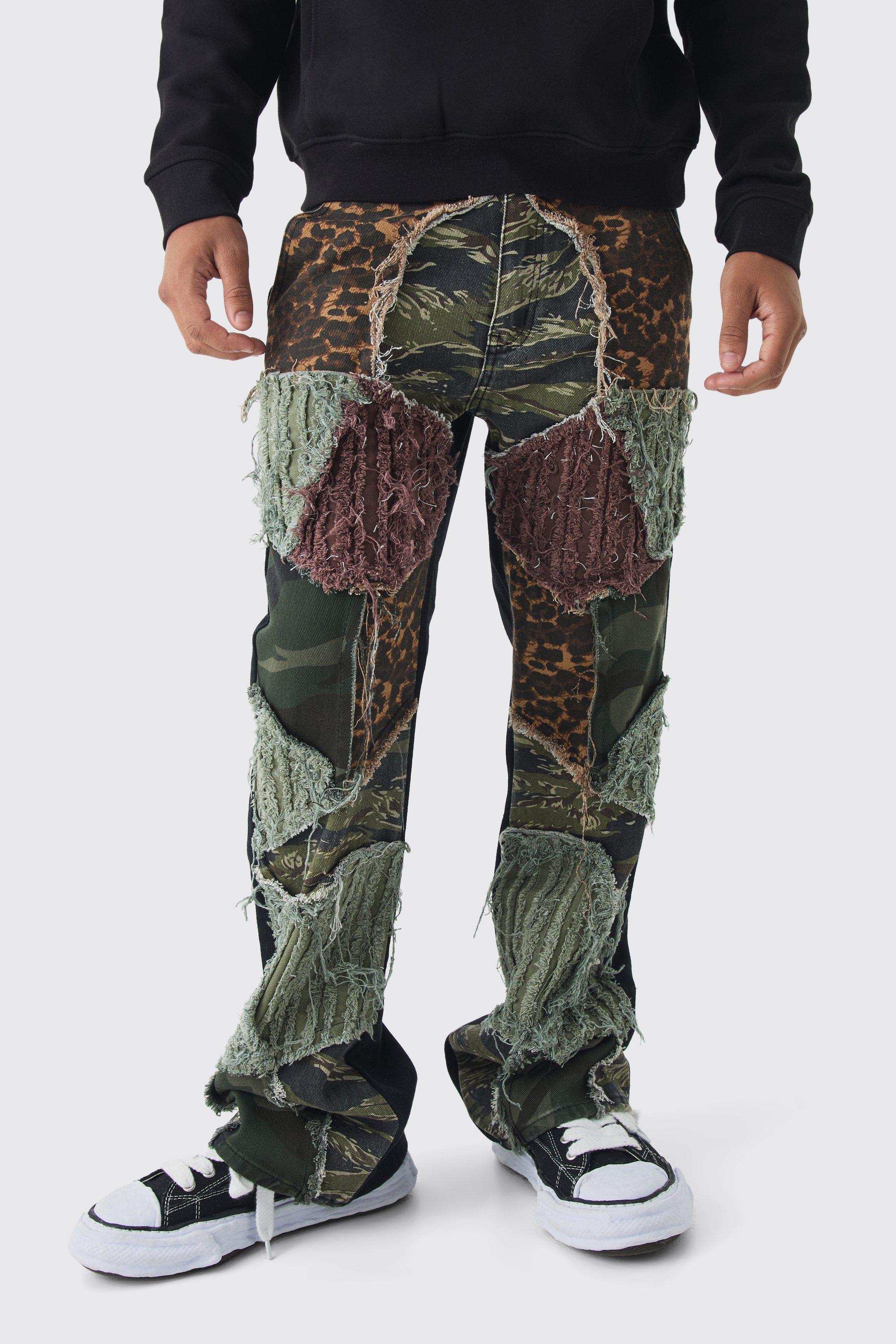 Relaxed Flare Distressed Camo Patchwork Twill Pants | boohooMAN USA product image