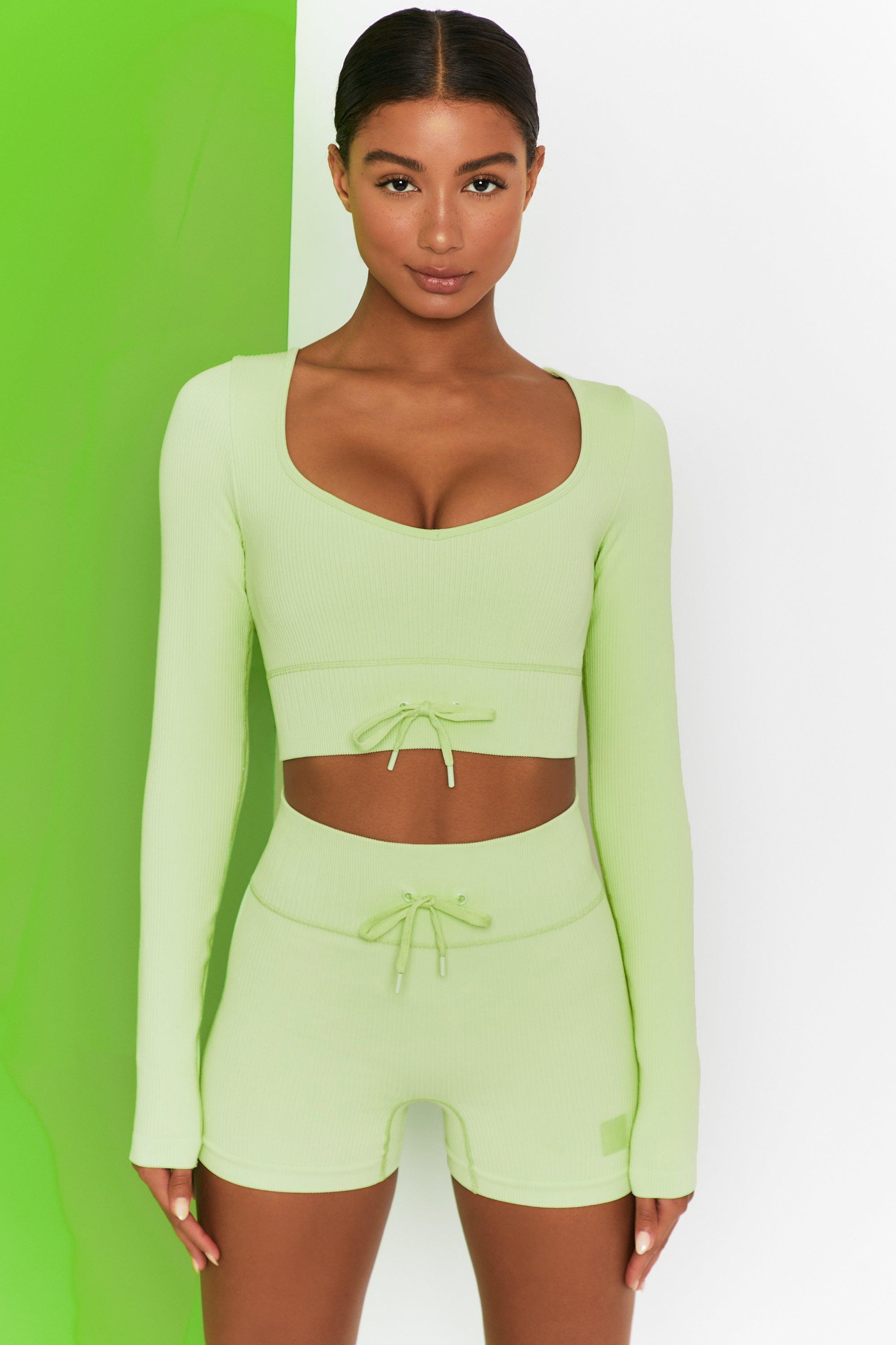 Time Check Ribbed Long Sleeve Crop Top in Lime Product Image