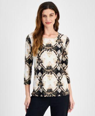 Jm Collection Womens Printed Jacquard 3/4-Sleeve Top, Created for Macys Product Image