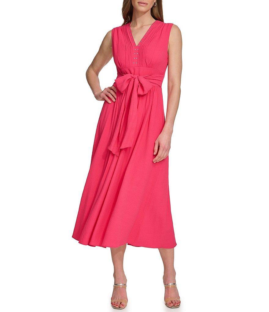 DKNY by Donna Karan Studded V-Neck Sleeveless Tie Belt Midi Dress Product Image