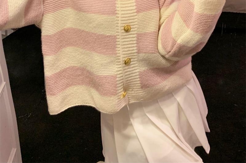 Crew Neck Striped Button-Up Cardigan Product Image