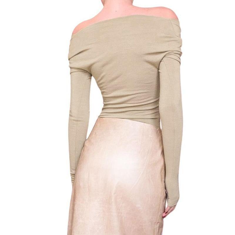 Long Sleeve V-Neck Plain Ruched Front Tee Product Image