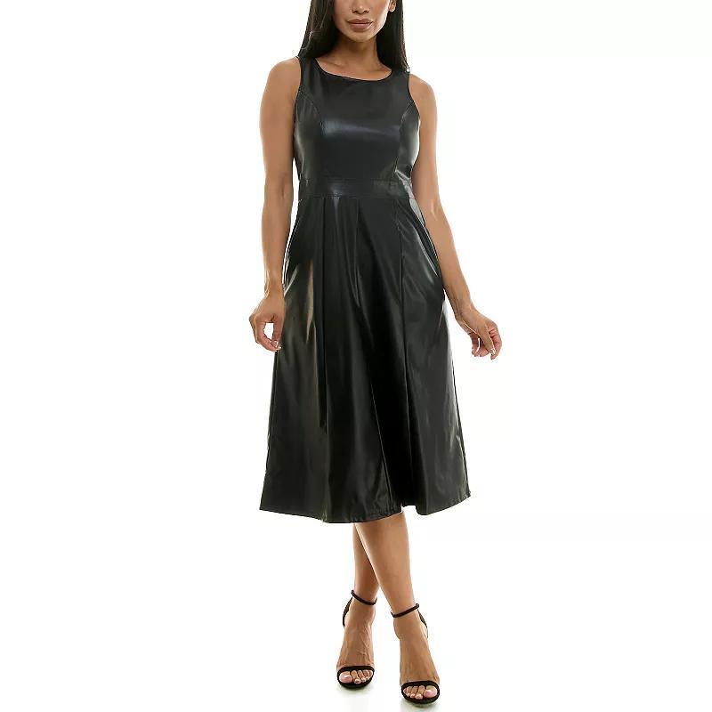 Womens Nina Leonard Faux Leather Fit & Flare Midi Dress Product Image