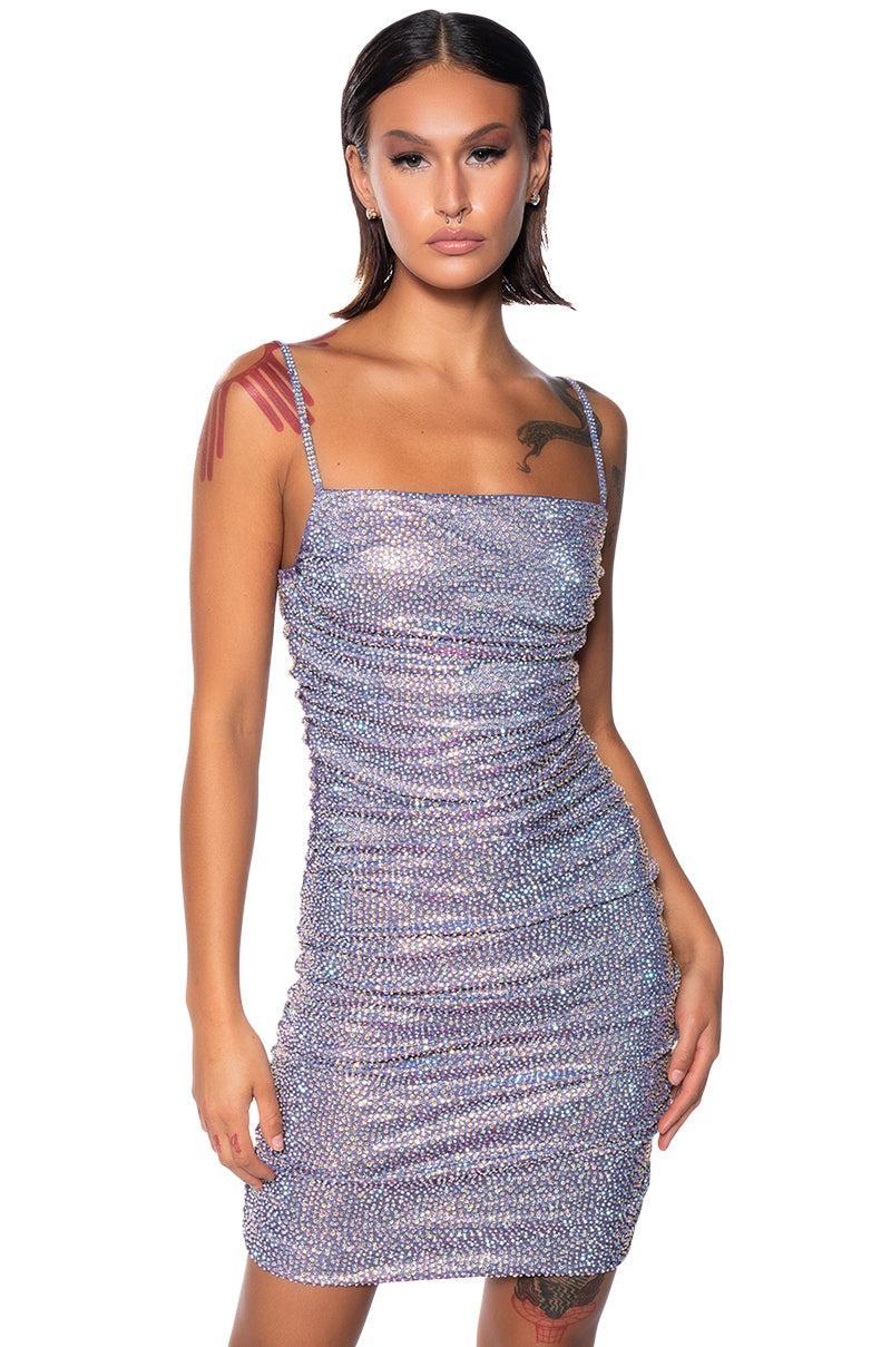 BETTER THAN EVER RUCHED RHINESTONE MINI DRESS Product Image