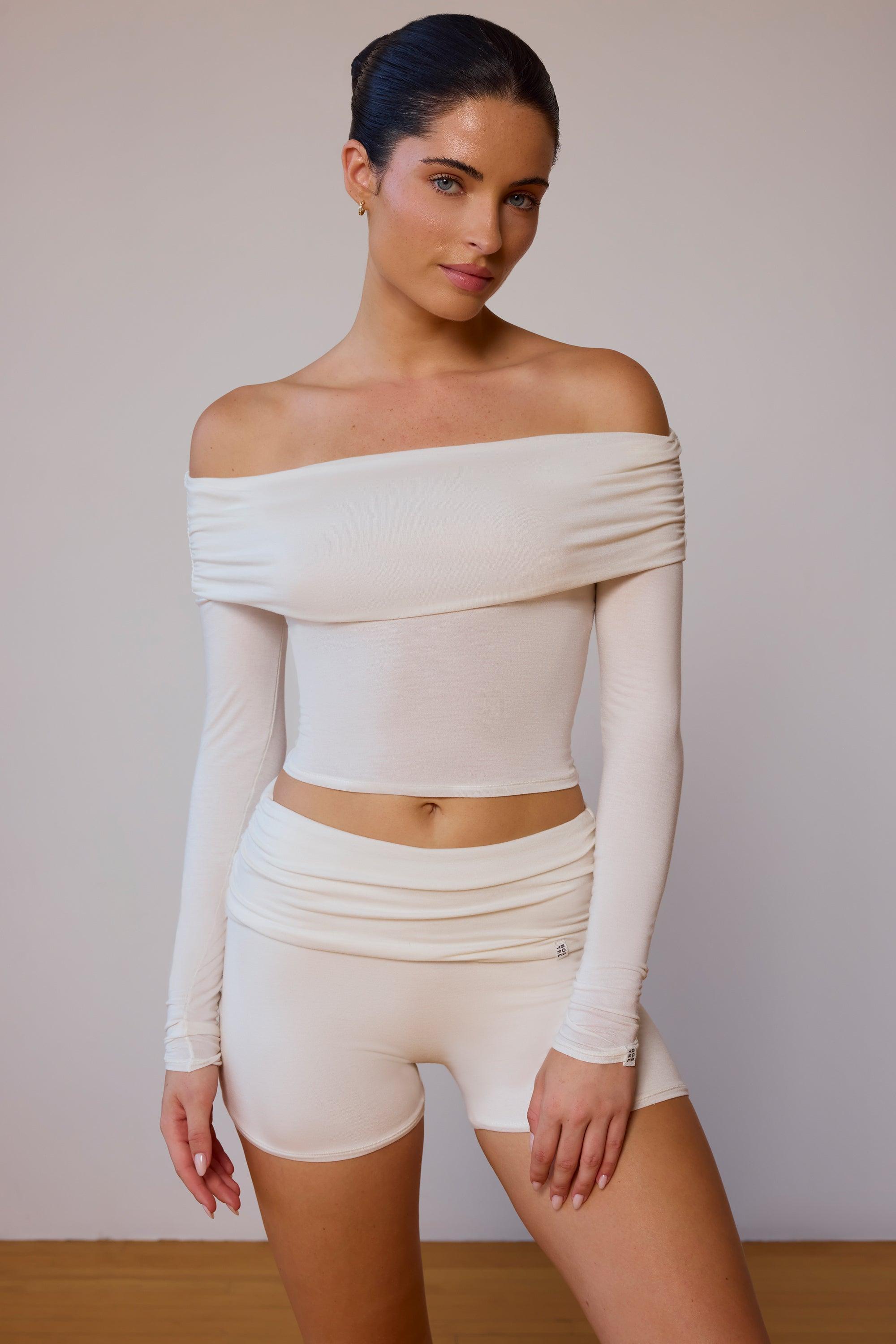 Sheer Off-Shoulder Long-Sleeve Top in Soft White Product Image