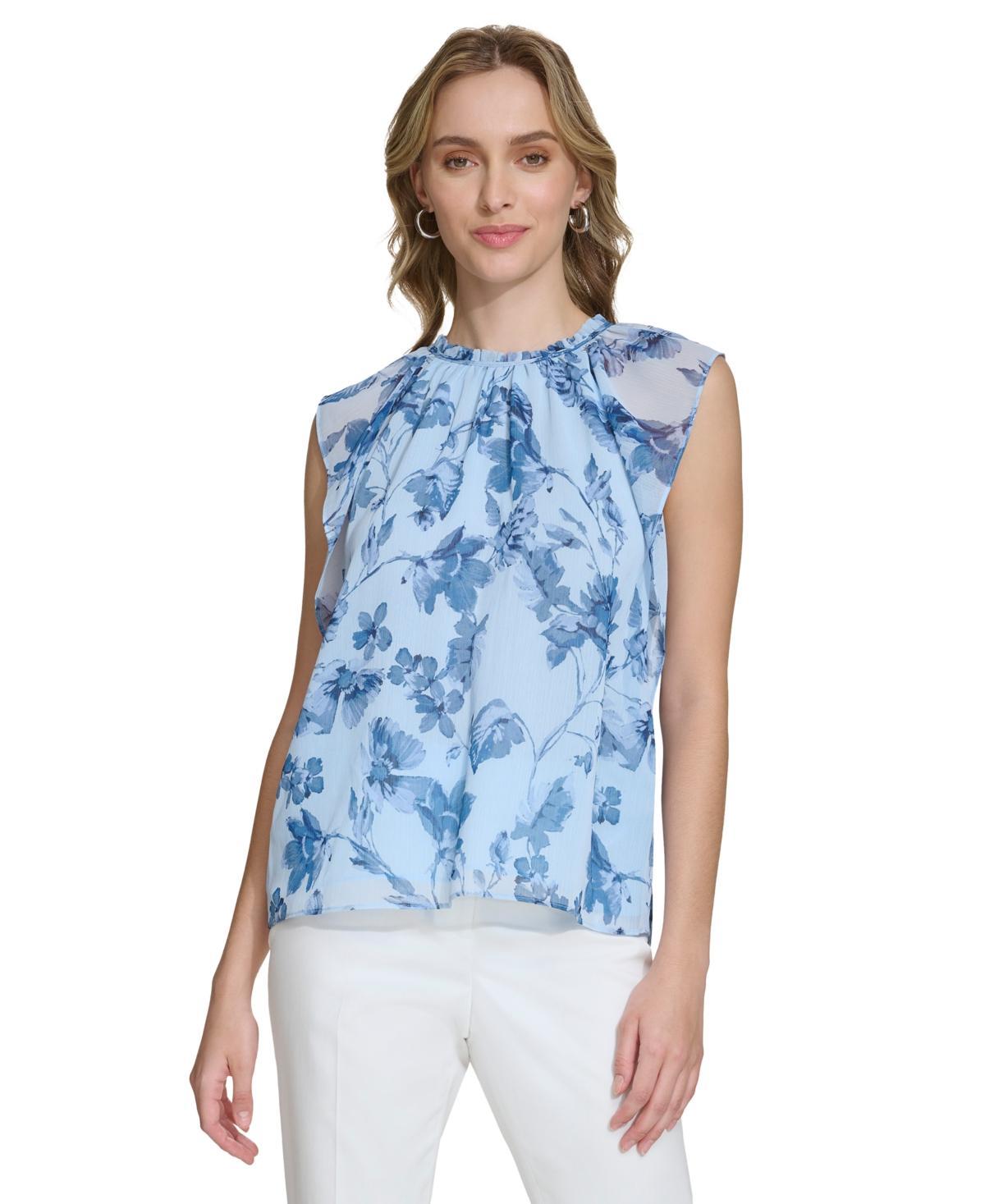 Calvin Klein Womens Printed Ruffled Sleeve Top Product Image