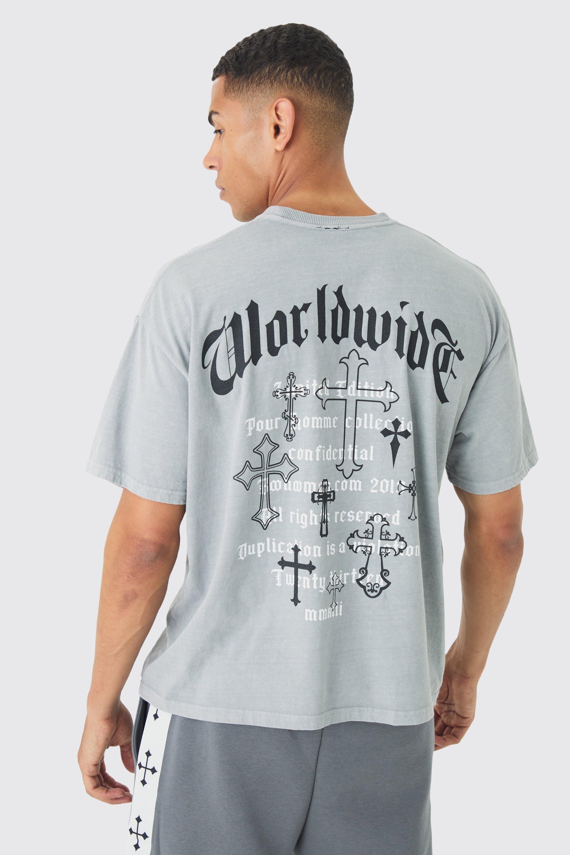 Oversized Washed Worldwide Cross Back Print T-Shirt | boohooMAN USA Product Image