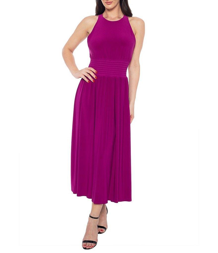 Marina Halter Neck Sleeveless Smocked Waist Pleated ITY Jersey Midi A-Line Dress Product Image