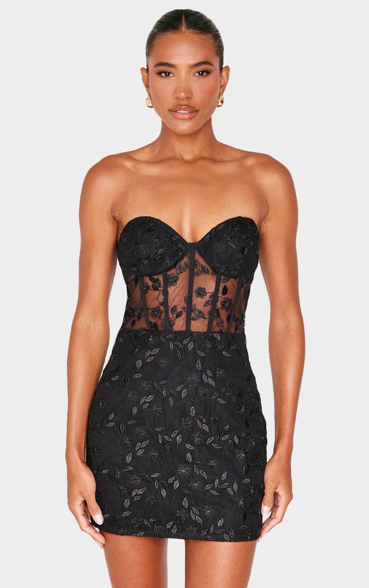 Black Floral Mesh Overlay Corset Mini Dress product image