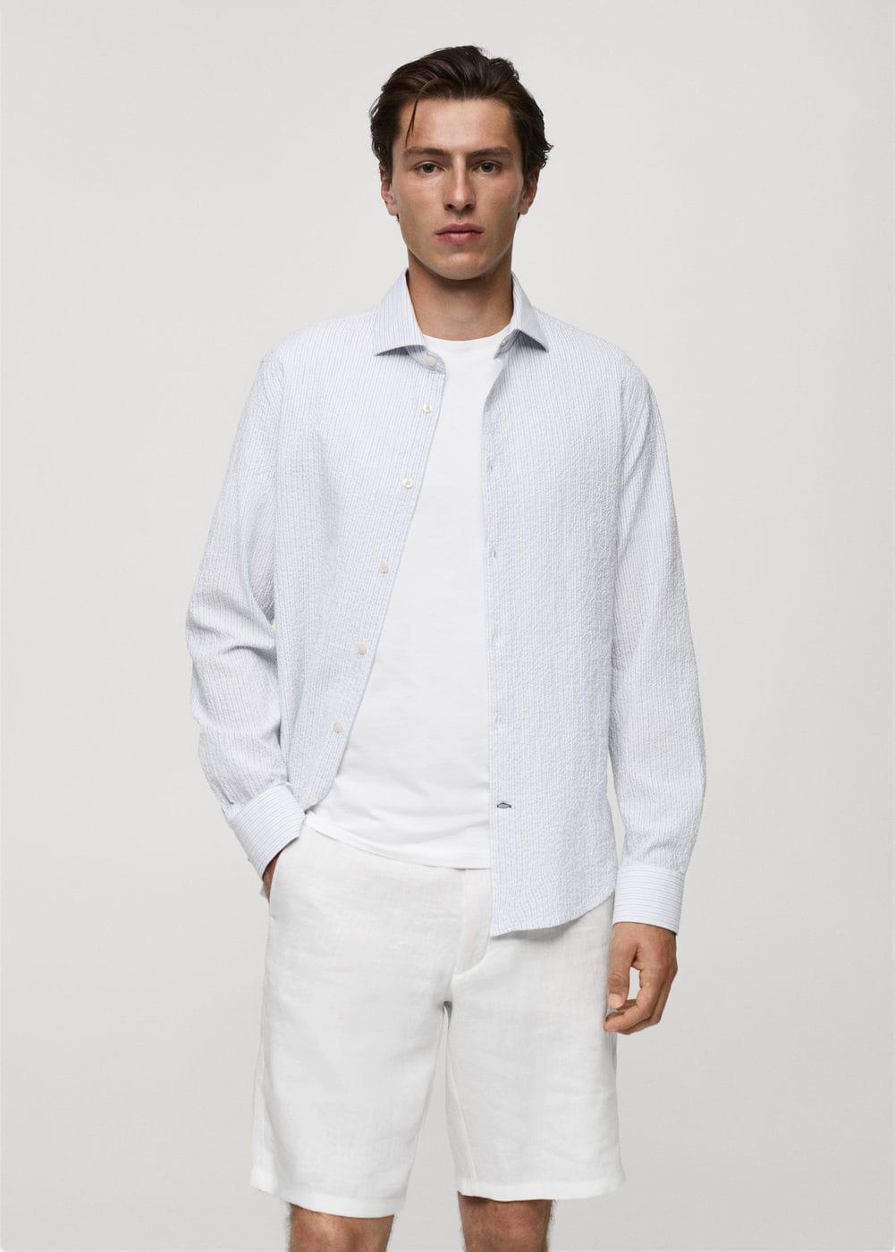 MANGO MAN - Regular fit striped seersucker cotton shirt whiteMen Product Image