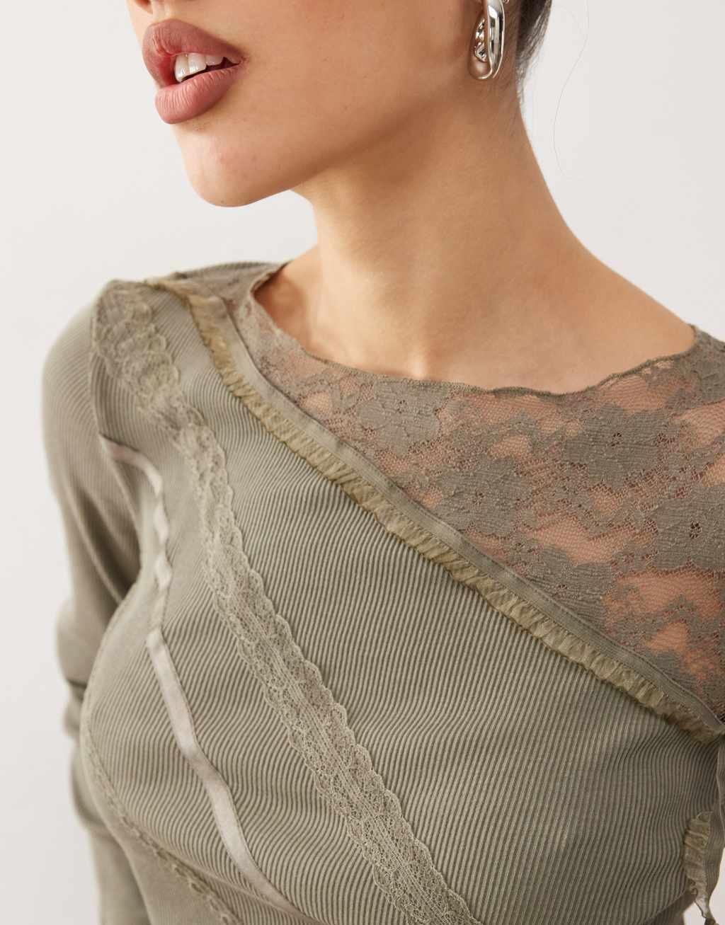 Reclaimed Vintage long sleeve lace patchwork top in olive green Product Image