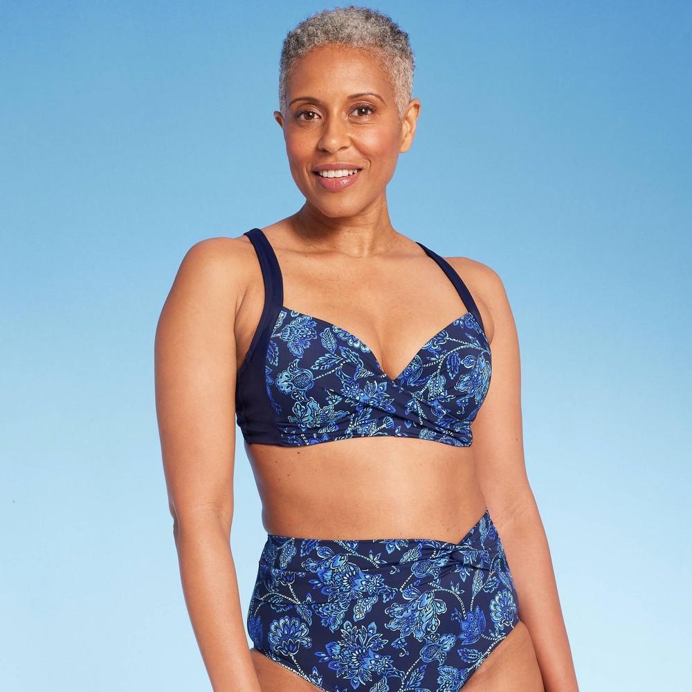 Lands End Womens UPF 50 Floral Print Underwire Twist-Front Bikini Top - Blue 6 Product Image