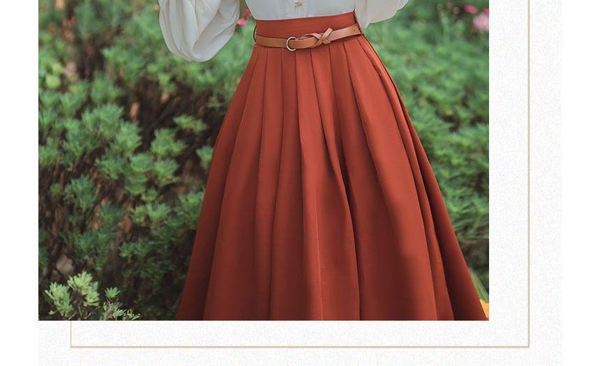 Puff-Sleeve Floral Embroidered Blouse / High Waist Plain Midi A-Line Skirt / Belt / Set Product Image