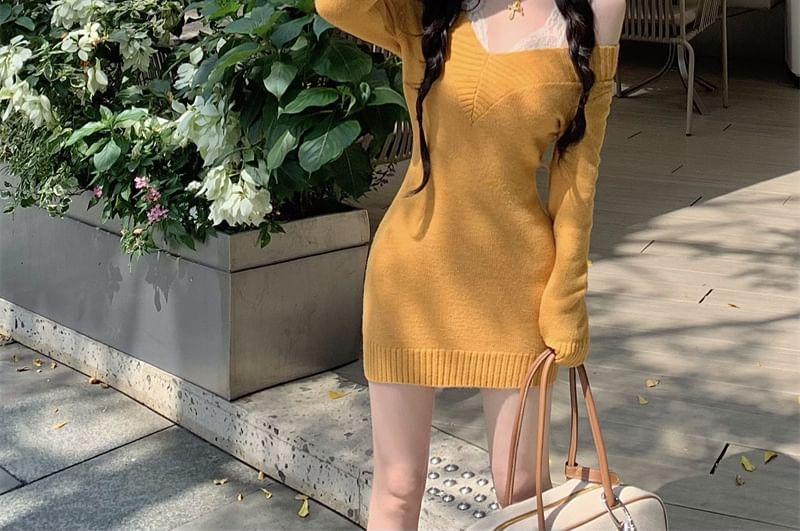 Long-Sleeve Off-Shoulder Plain Knit Mini Sheath Dress / Lace Tank Top Product Image