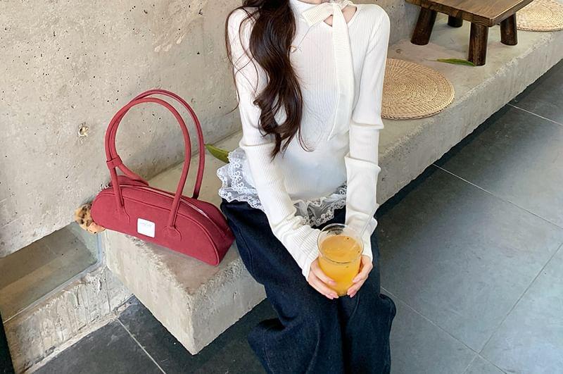 Long-Sleeve Mock Neck Plain Bow Cutout Lace Trim Ribbed Knit Top Product Image