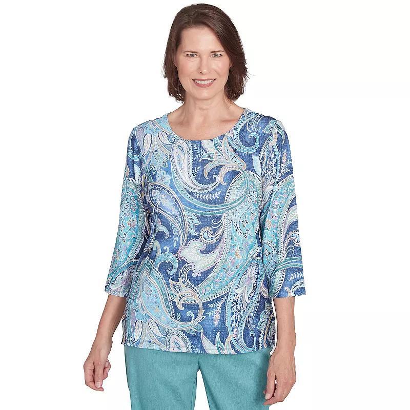 Petite Alfred Dunner Paisley Pleated Neck Top, Womens Blue Product Image