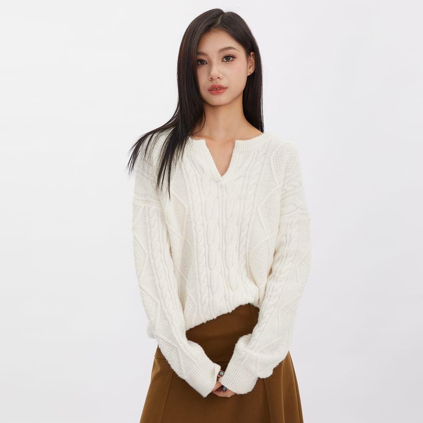 Notch Neck Plain Cable Knit Sweater Product Image