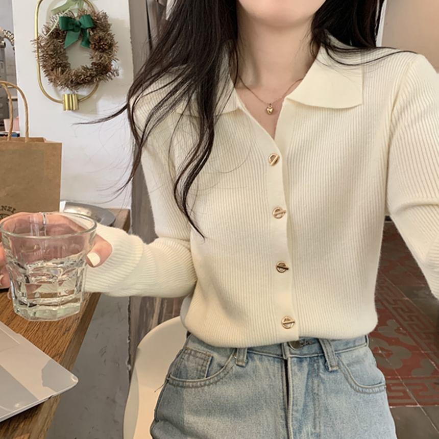 Long-Sleeve Collar Button Ribbed Knit Top product image