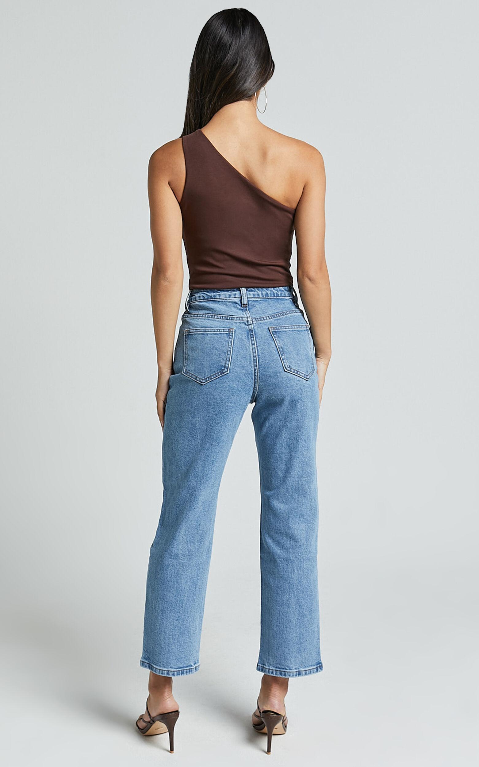 Chandler Jeans - High Waisted Crop Straight Jeans in Mid Blue Wash Product Image