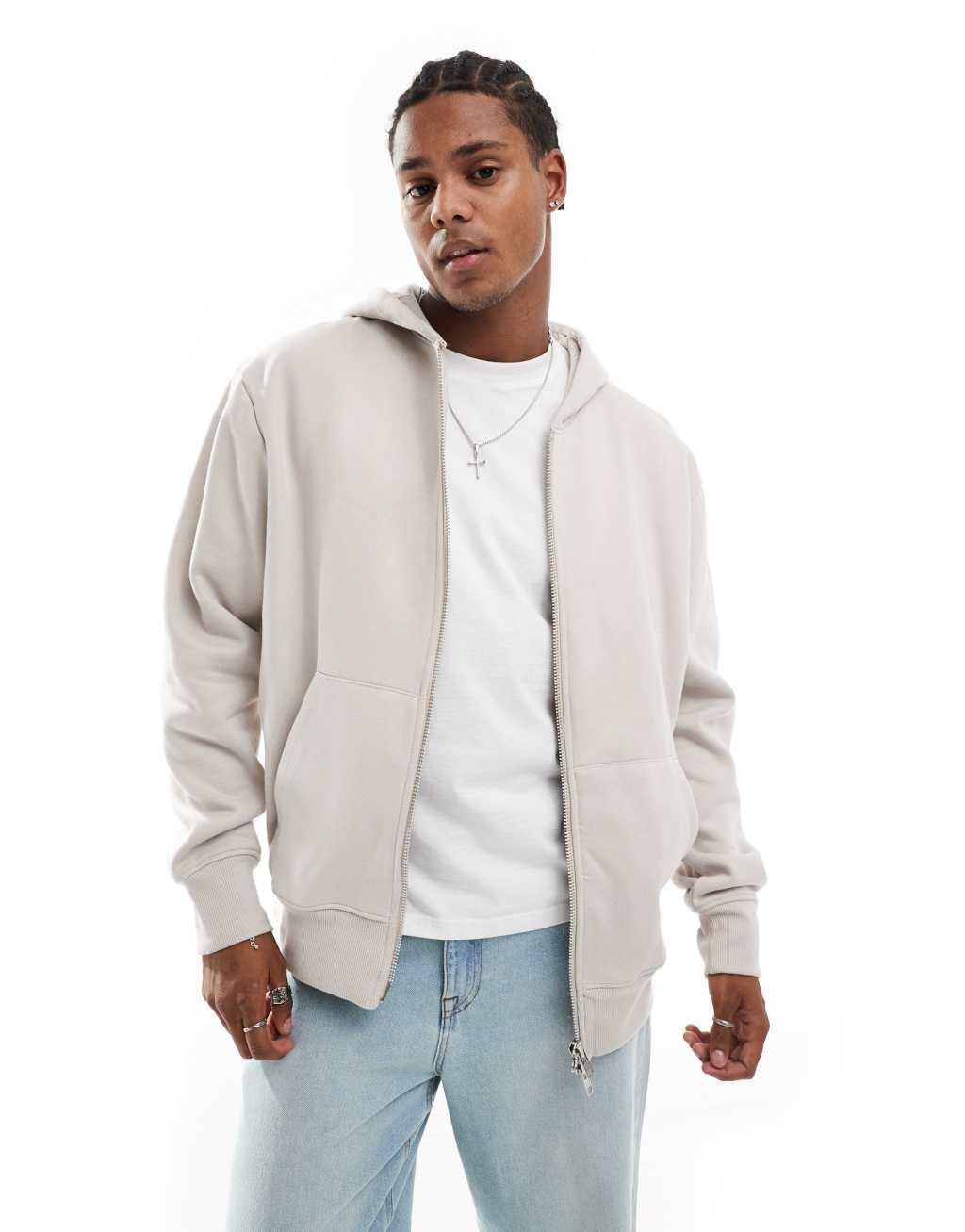 ASOS DESIGN premium heavyweight oversized zip up hoodie in light gray beige Product Image