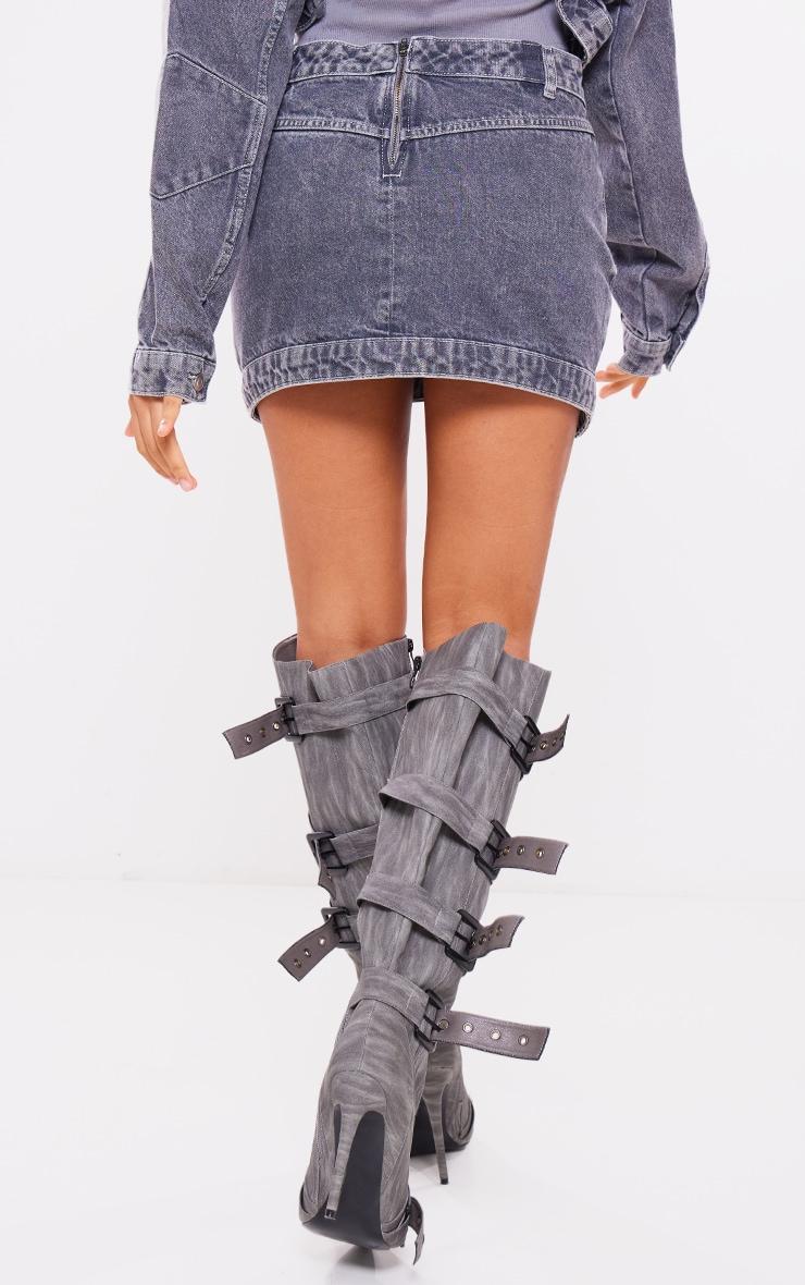 Grey Washed Curved Hem Denim Mini Skirt Product Image