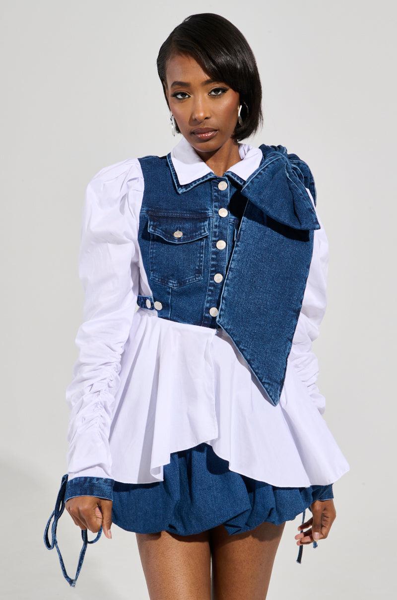 MELODY DENIM TIE POPLIN BLOUSE Product Image