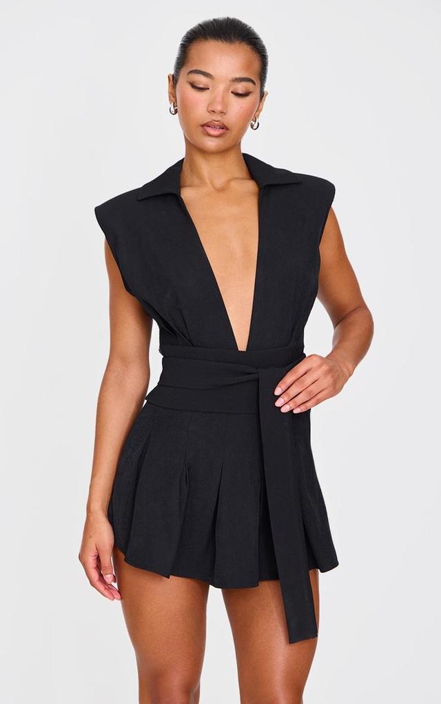 Black Woven Shoulder Pad Sleeveless Skort Romper Product Image