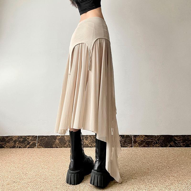 Mid Rise Plain Asymmetrical Panel Mesh A-Line Skirt Product Image