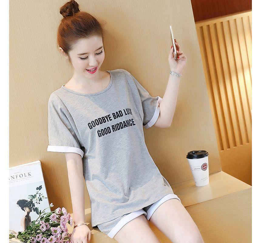 Maternity Set: Short-Sleeve Lettering T-Shirt + Mid Rise Plain Shorts Product Image