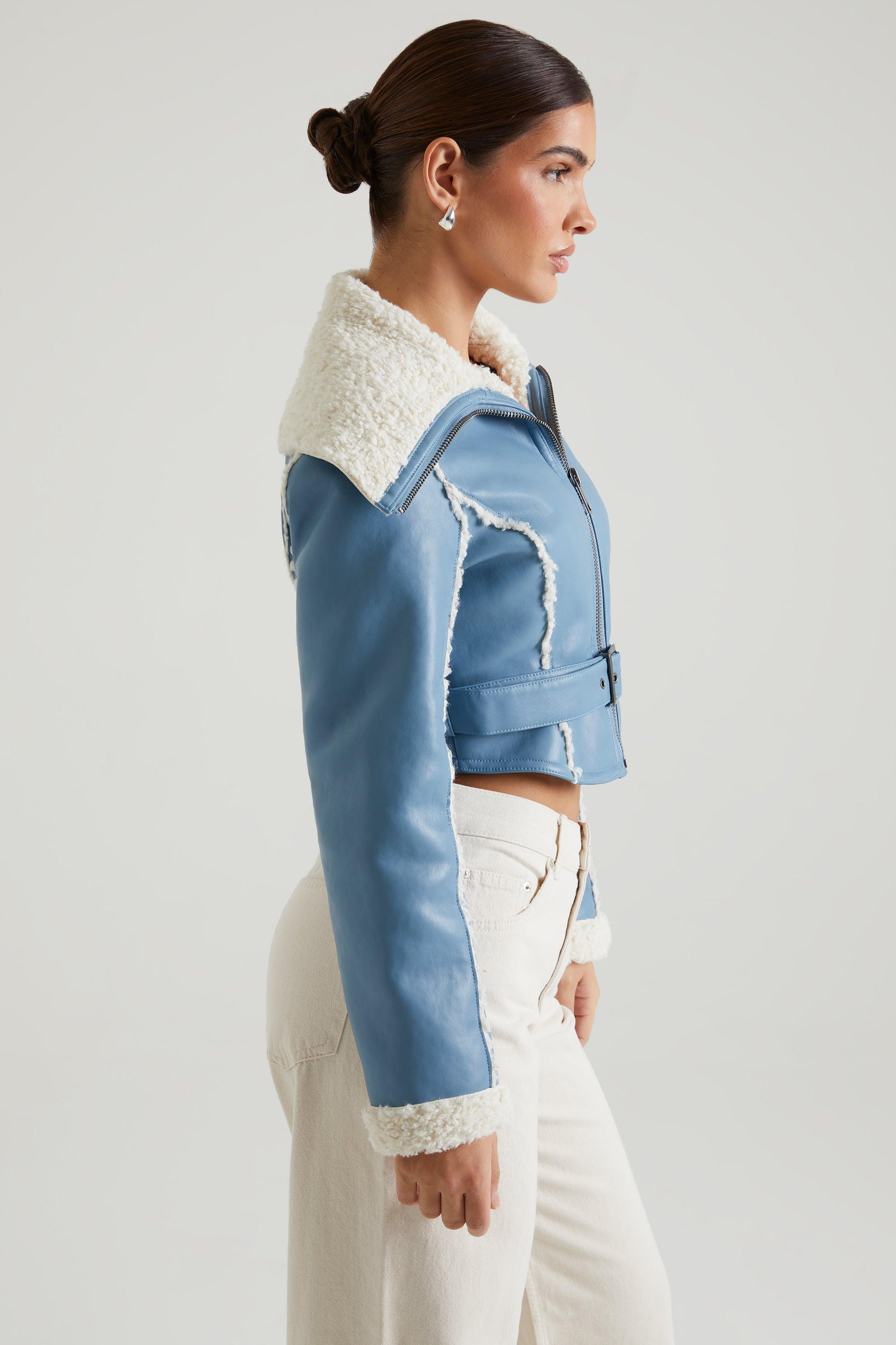 Jacket with Shearling Collar and Trim in Blue Product Image